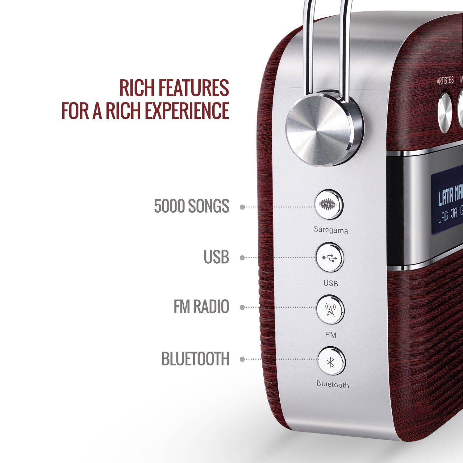 Saregama Carvaan Hindi - Portable Music Player with 5000 Preloaded Songs, FM/BT/AUX (Cherrywood Red) - View 7