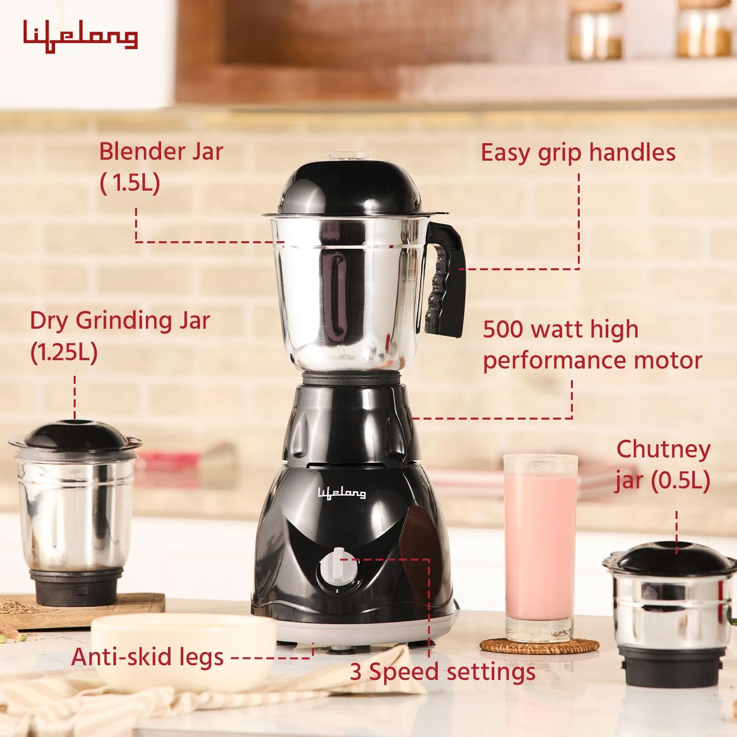 Lifelong LLMG23 Power Pro 500-Watt Mixer Grinder with 3 Jars (Liquidizing, Wet Grinding and Chutney Jar), Stainless Steel blades, 1 Year Warranty  - View 4