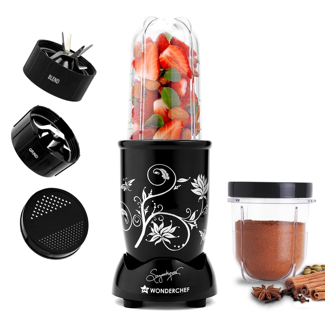 Wonderchef Nutri-blend 500W Juicer Mixer Grinder, 22000 RPM Copper Motor, Smoothie Maker, Masala Grinder, Chutney Blender, 2 Unbreakable Jars, Recipe Book by Chef Sanjeev Kapoor, 2 Yr Warranty, Black