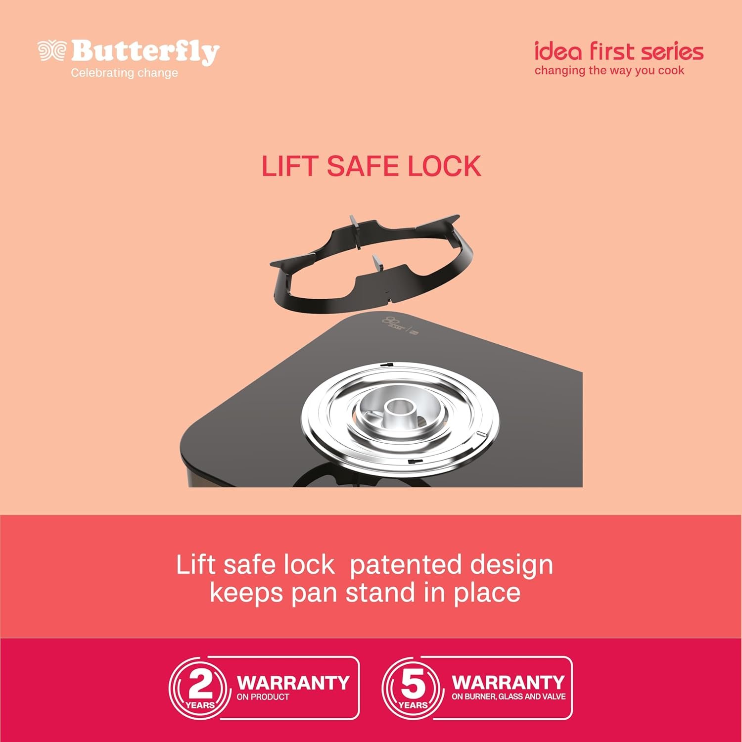 Butterfly Renz 3 Burner 3 Star Glass Top Gas Stove | Fan shield | Leak Proof European Valve | Rust Resistant Frame | Patented Lift Lock | 8mm Tempered Designer Glass | 2 Years Product Warranty - View 3