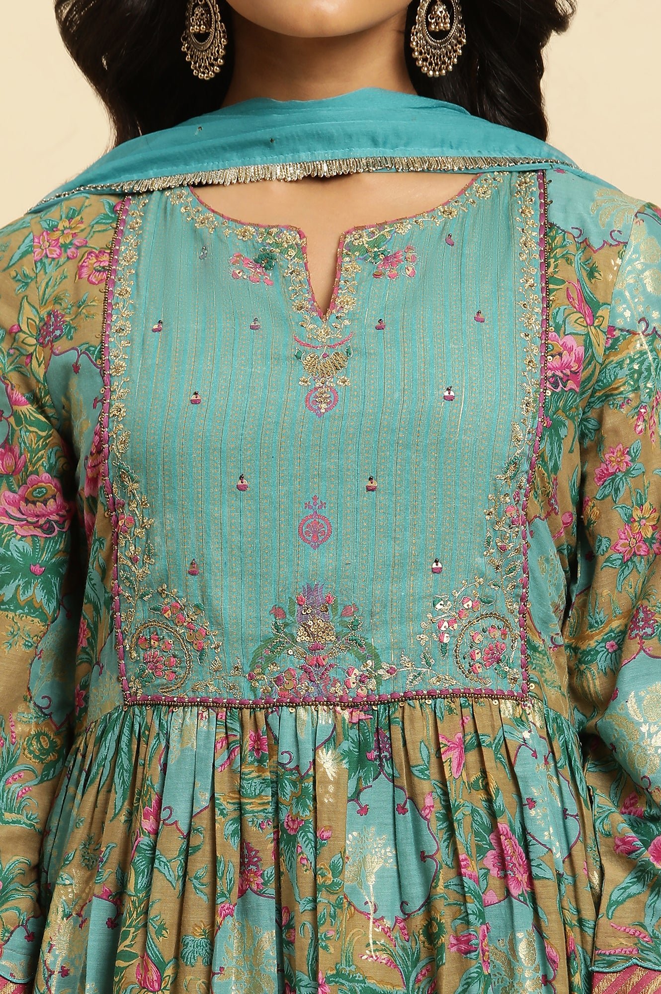 Brown Floral Printed Kurta, Pant And Dupatta Set - View 7