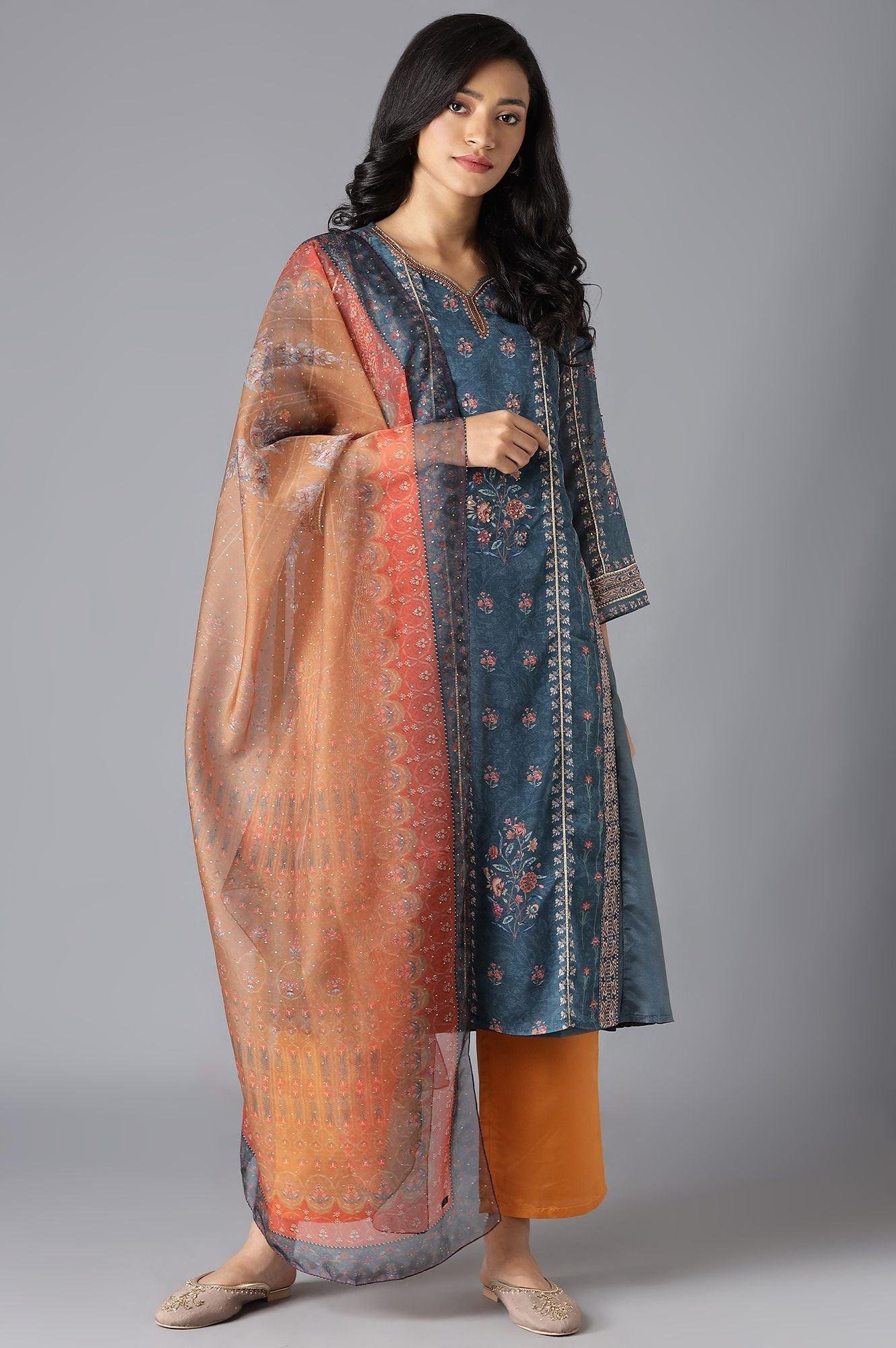 Teal Mock Layer kurta, Orange Parallel Pants And Dupatta Set - View 5