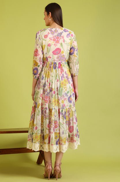 Floral Printed Flared Polyester Dress - View 3