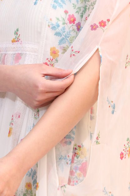 White Floral Printed Chiffon Tiered Flared Dress with Printed Cape - View 2