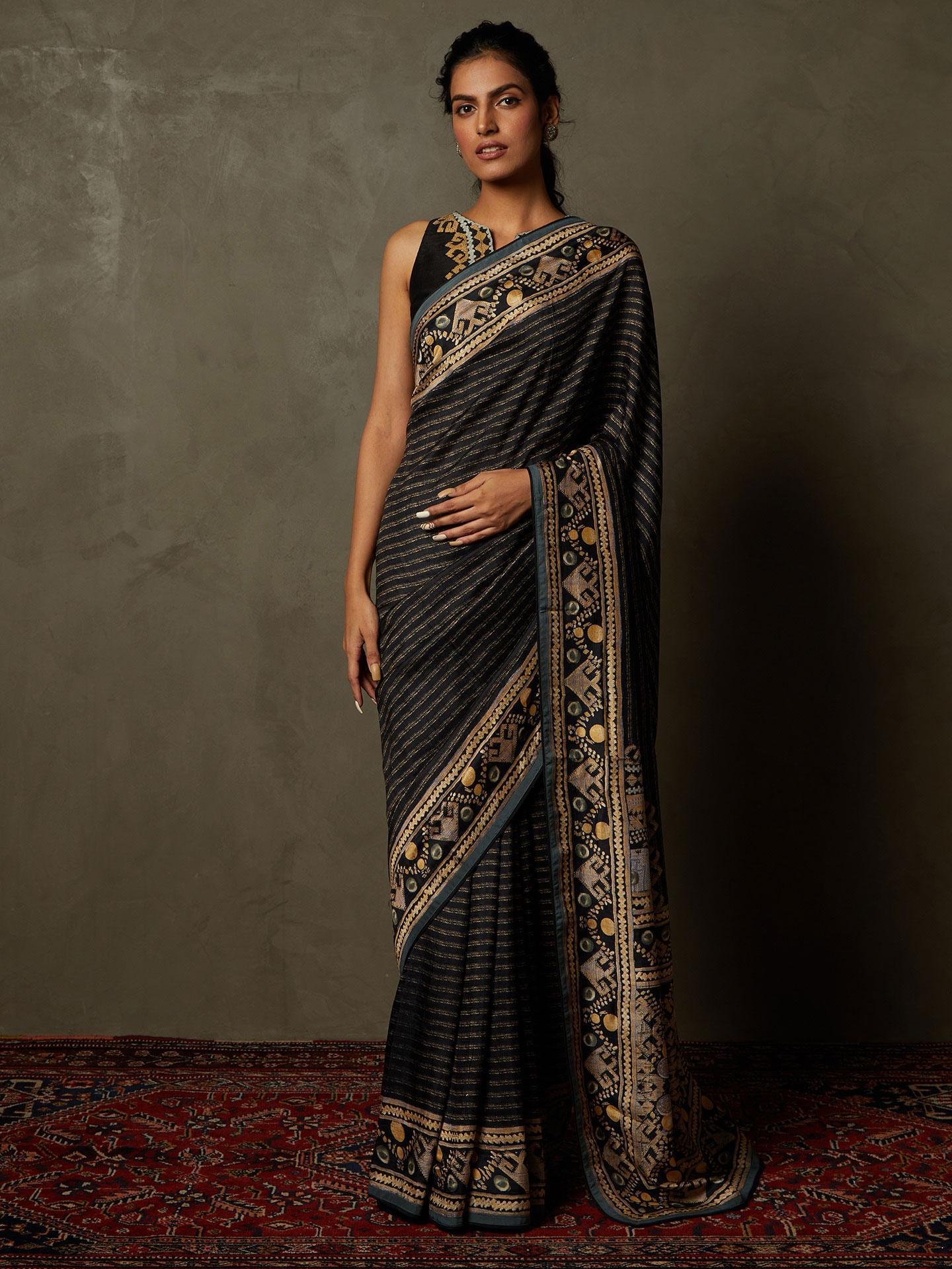 Black & Beige Noni Saree With Stitched Blouse