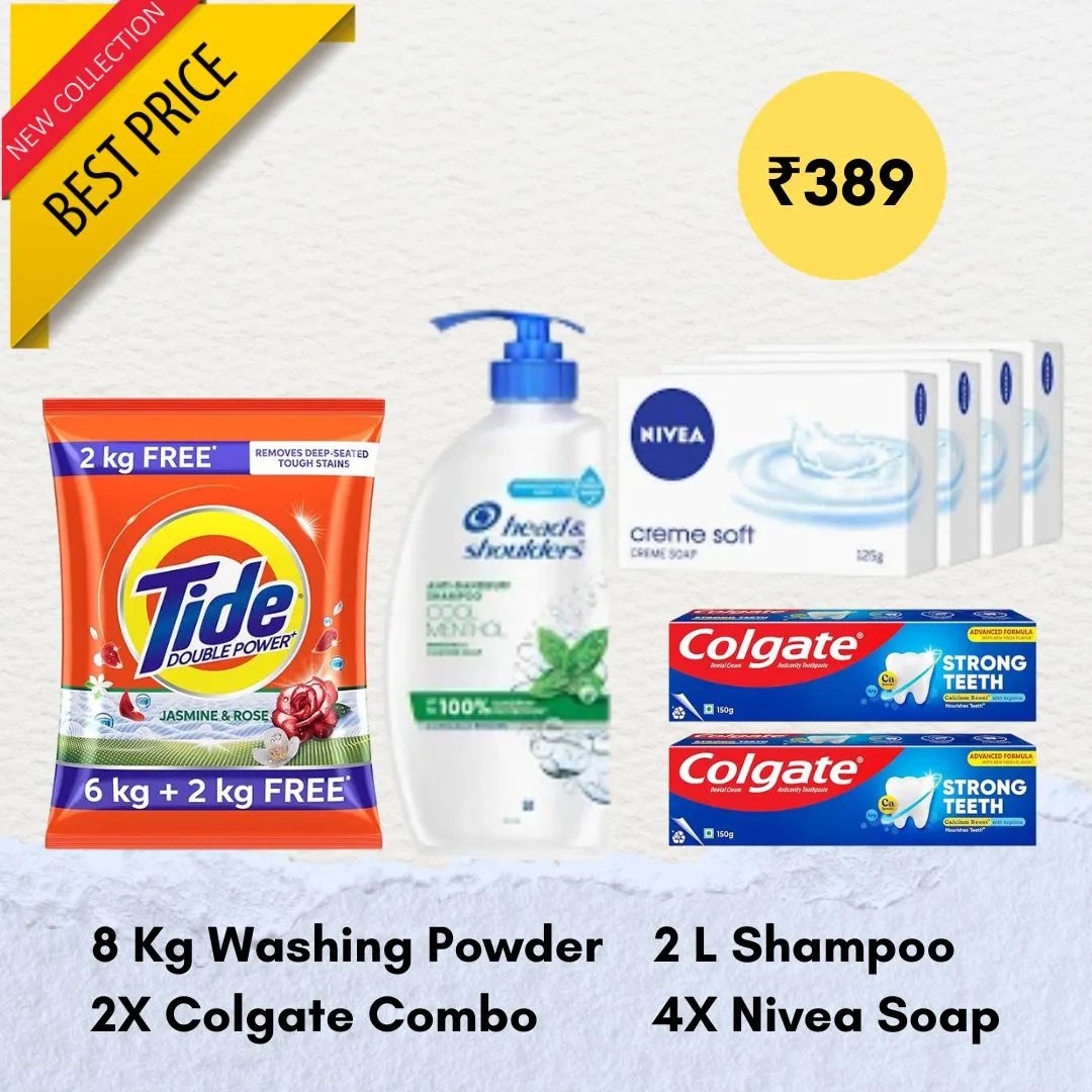 8Kg Tide Washing Powder, 2L Shampoo, 2x Colgate Combo, 4x Nivea Soap : Combo Deal
