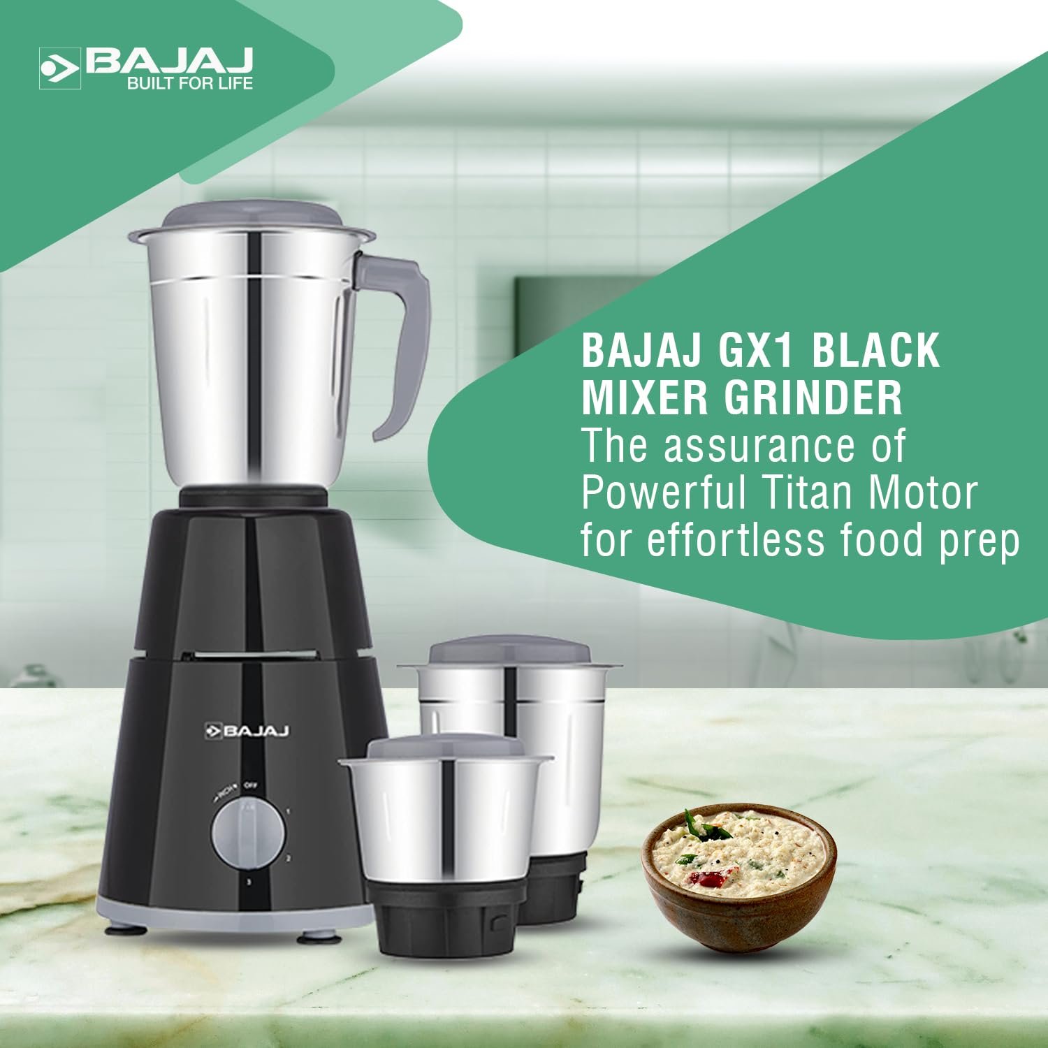 Bajaj GX-1 Mixer Grinder 500W|Superior Mixie For Kitchen|2-in-1 for Dry Grinding| Blade Function With Titan Motor|3 Stainless Steel Mixer Jars|1 Year... - View 3