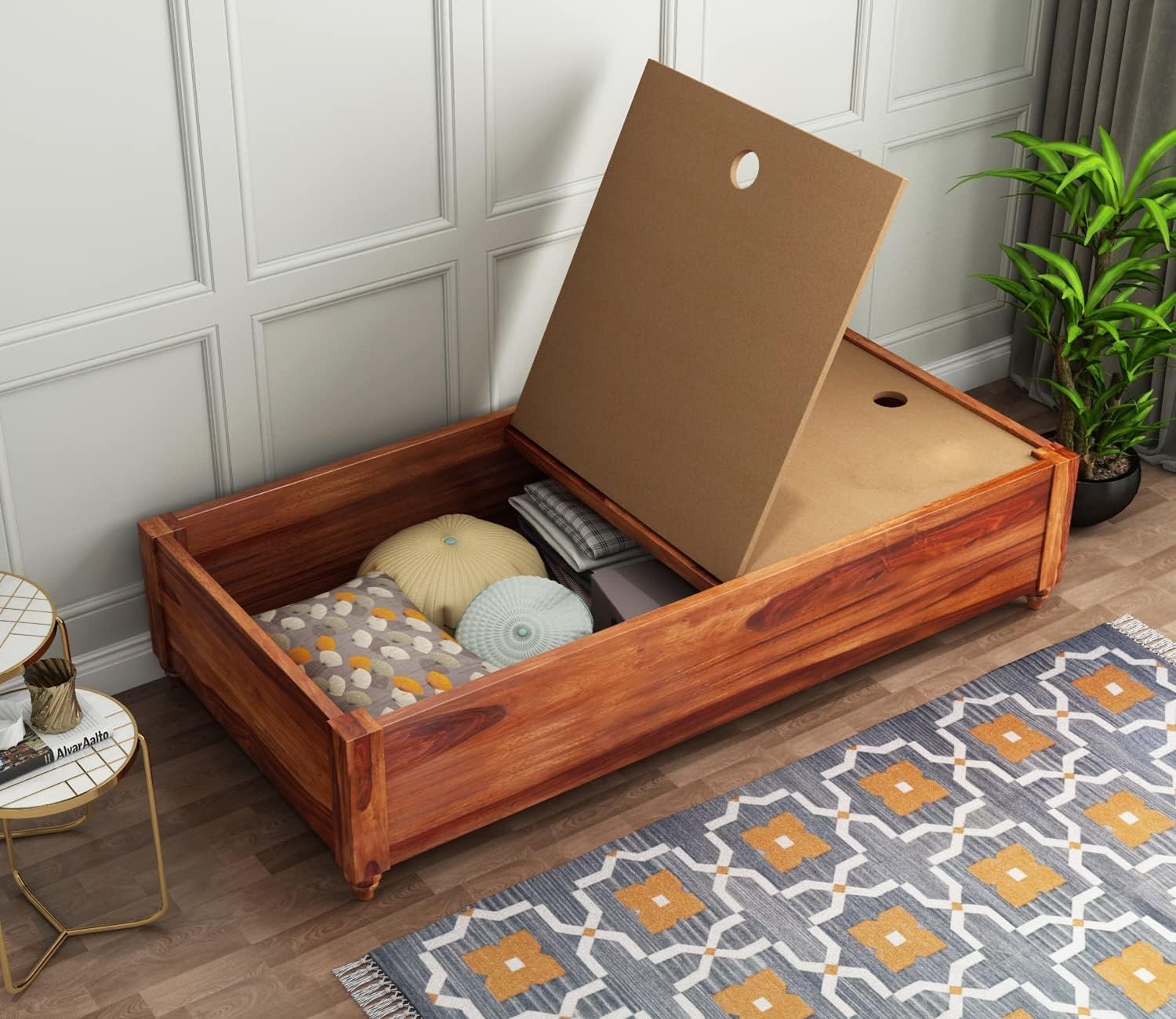 Ekdantix Furniture Wood Divana Cot for Home Hall || Diwan Cum Bed with Storage || 3 Seater Sofa Cum Couch || Divan Bed for Living Room || Without Pillow (Natural) - View 3