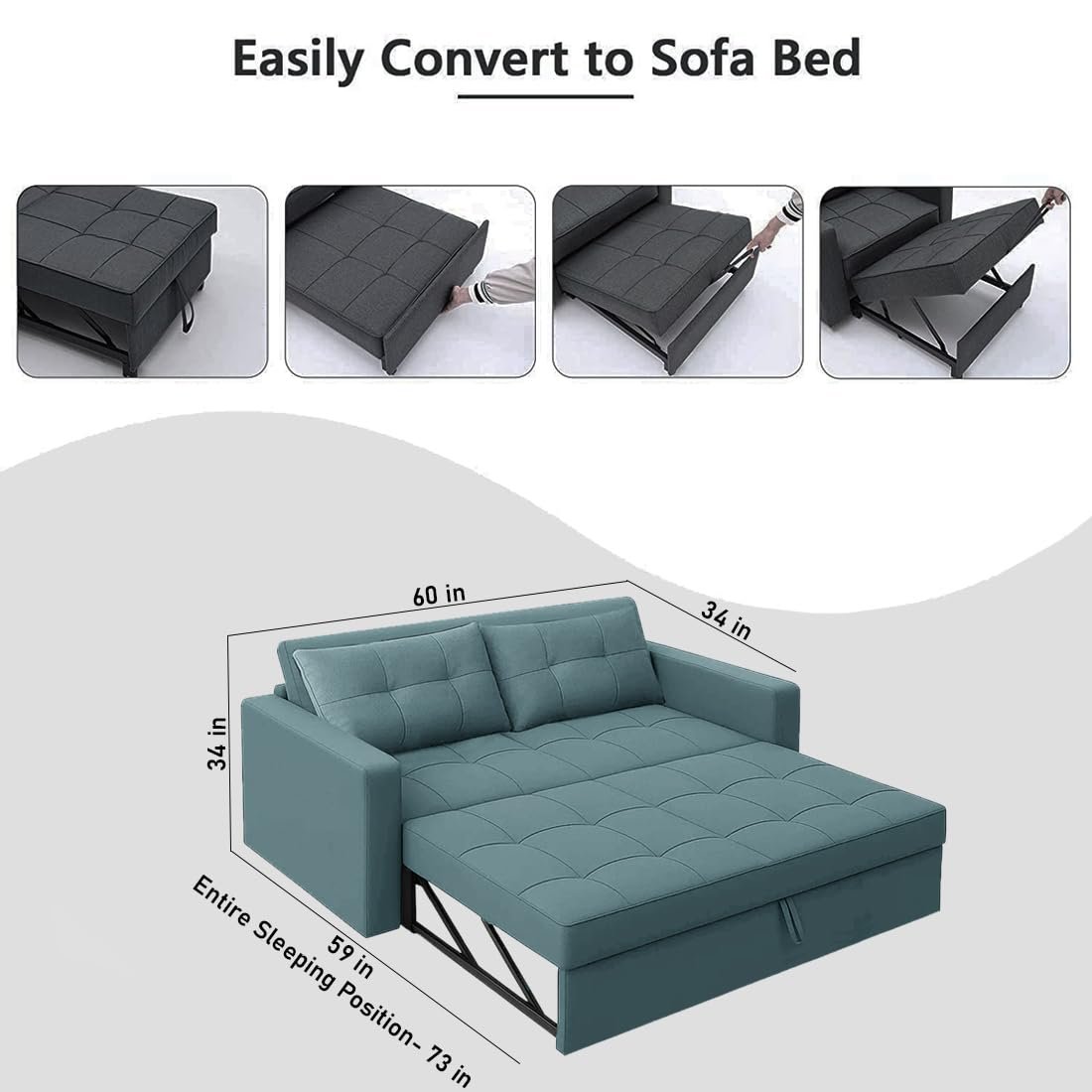 FURNY Tressa 2 Seater Pull-Out Premium Fabric Sofa Cum Bed Sofa Set for Living Room (Sky Blue Fabric) - View 2