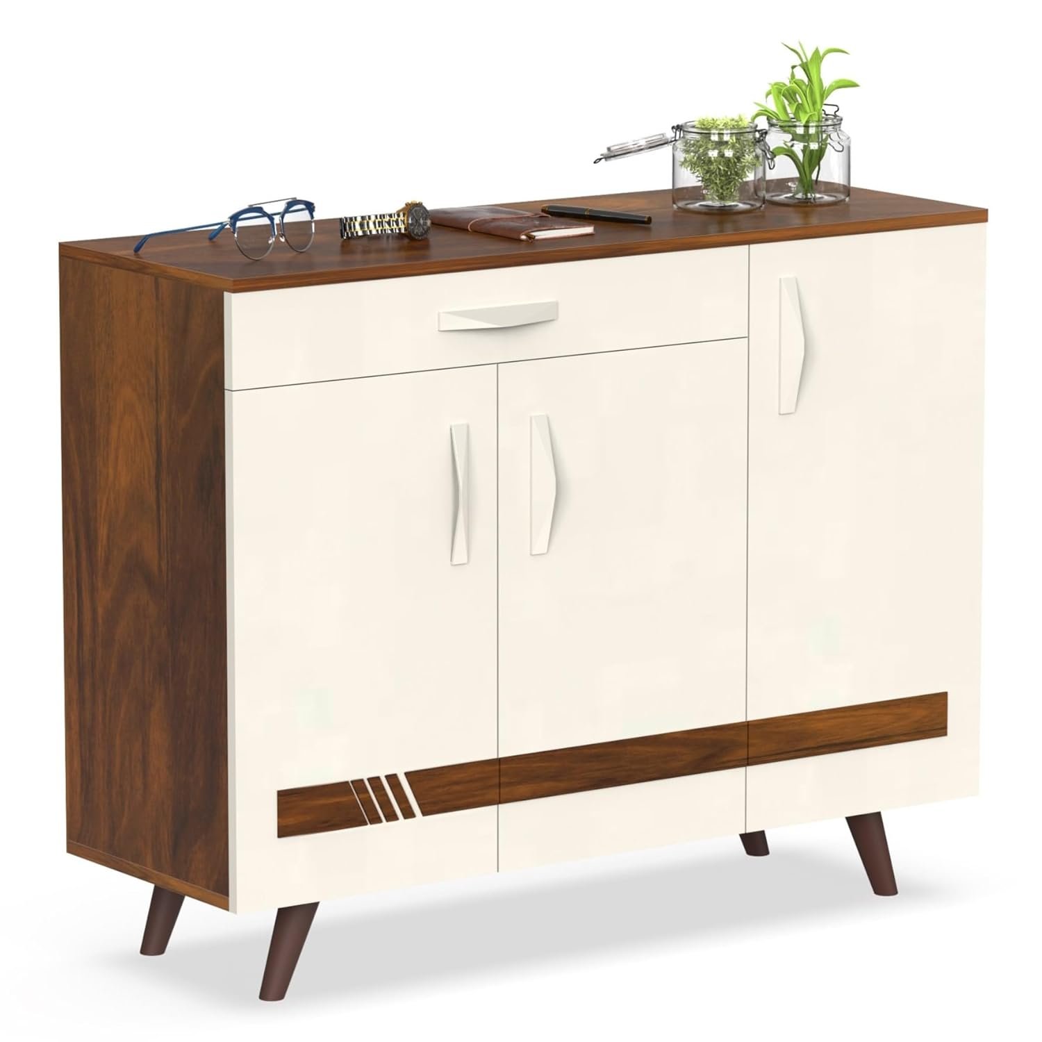 BLUEWUD Kaspen Engineered Wood Wood Dual Tone 3 Doors Shoe Rack Cabinet Slipper Footwear Stand Organizer with Drawer can Store Up to 16 Pairs for Home (Brown Maple &amp; White) - View 3