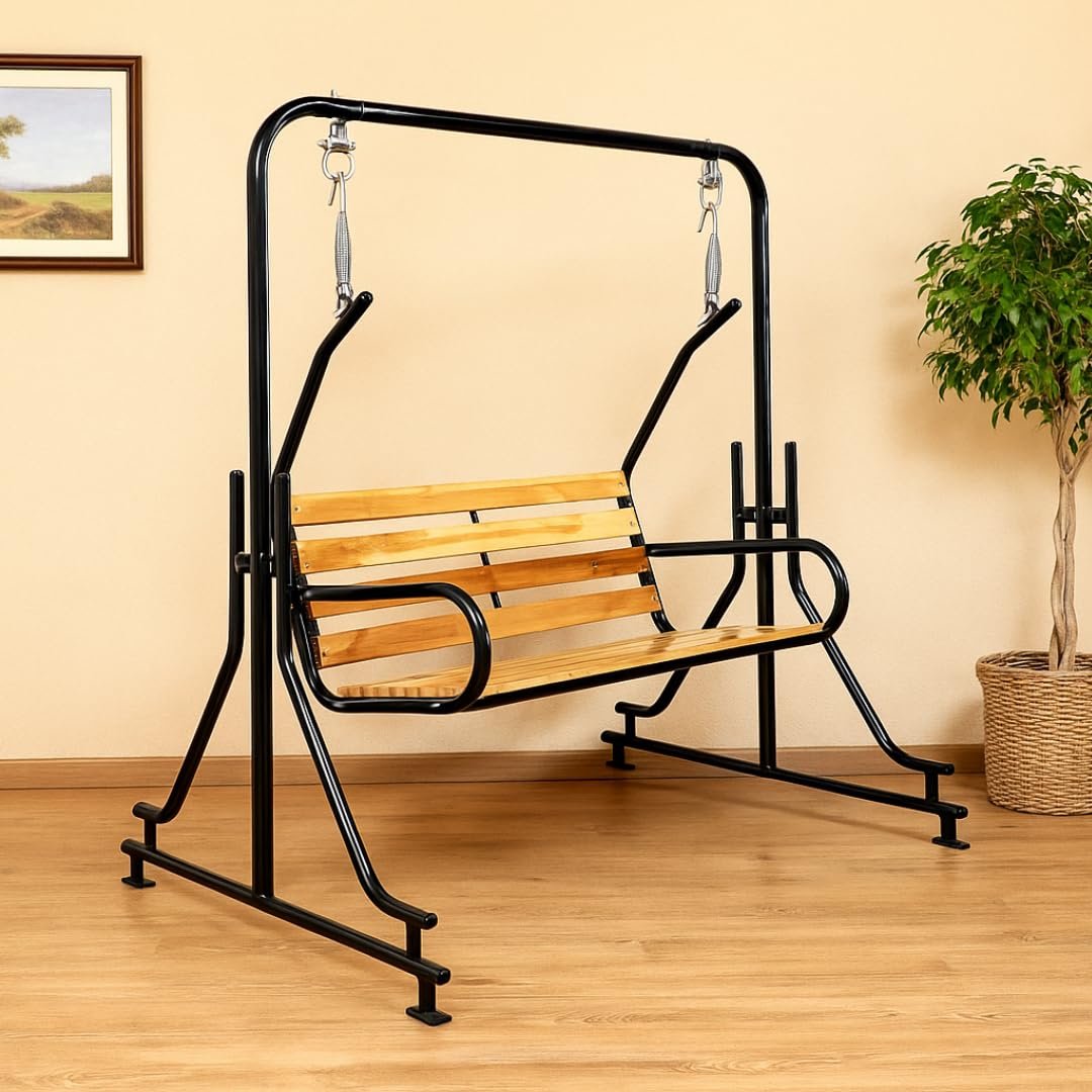 2-Seater Indoor & Outdoor Swing - Natural Wooden Polished (50kg) | Upper Pipe Swing Jhula for Home and Blacony with Sturdy Stand | Strong 300 Kg Capacity Heavy Metal Swing