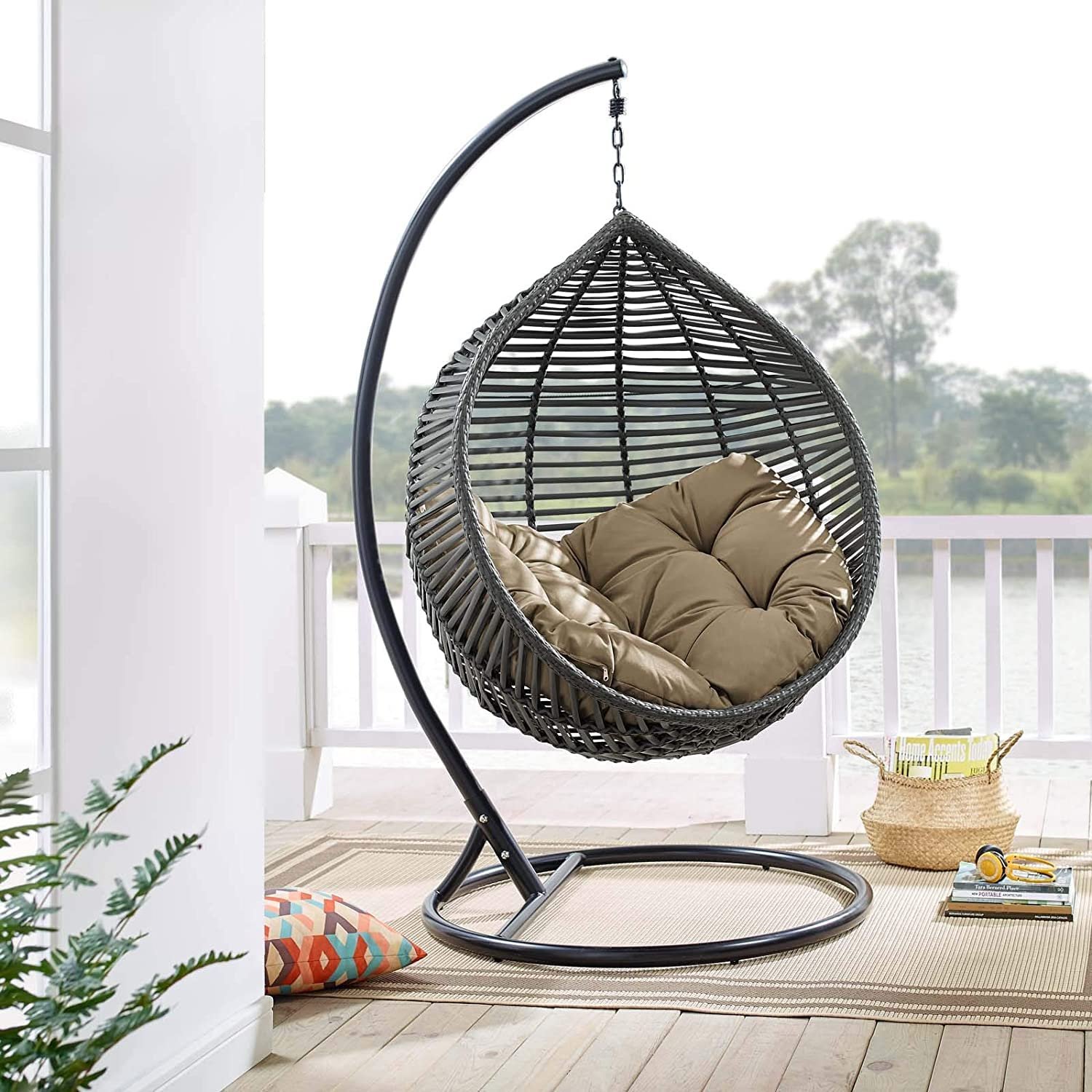 Wicker Rattan Wrought Iron Single Seater Swing Chair Stand For Adults|Garden & Outdoor Hammock Swing Cushions For Kids|Teardrop Swing Hanging Chair W/ Curve Stand|Jhula-114.3 Cm,25.5 Cm,50"