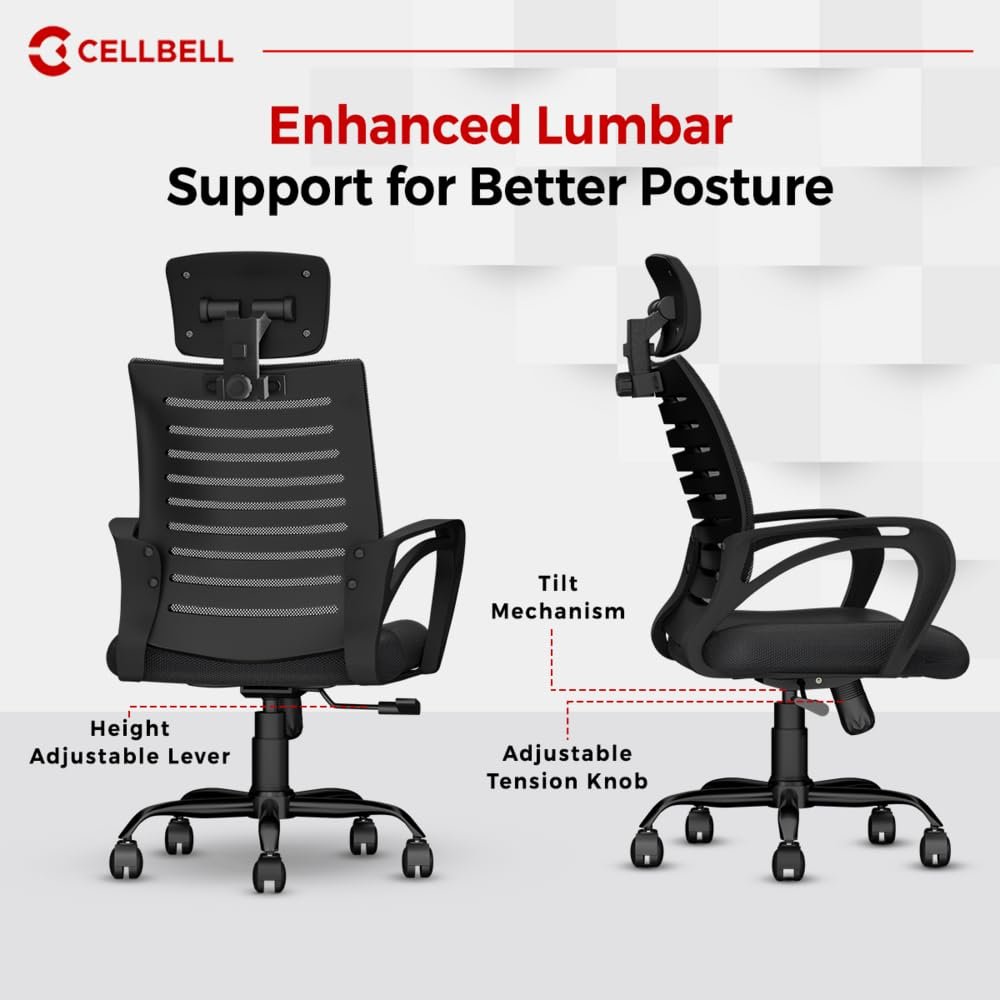 Office Chair - Adjustable Seat Height, Sturdy Metal Base, Revolving Study &amp; Computer Chair for Work from Home, Black - View 3