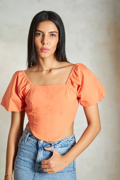Ambreal 100% Cotton Corset Top With Puff Sleeves