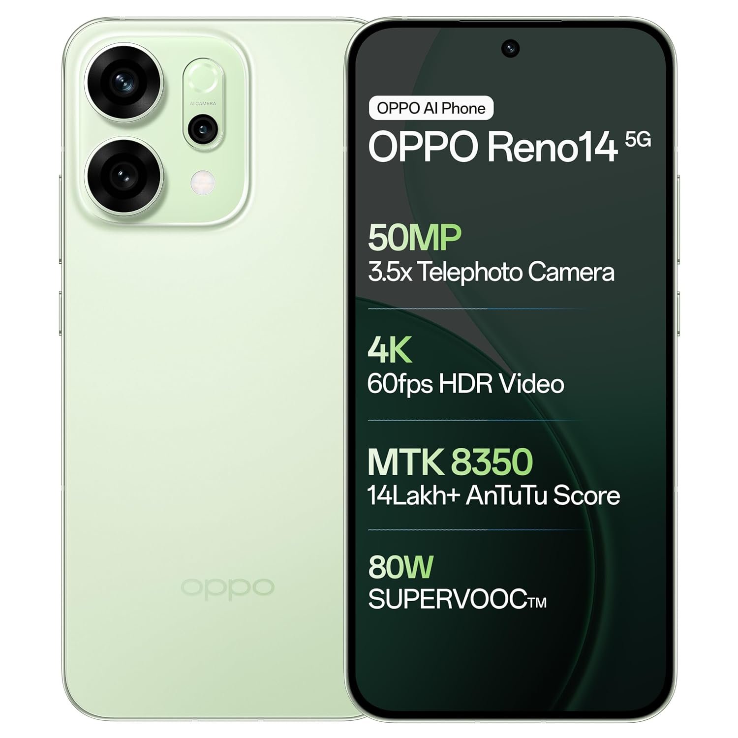 OPPO Reno14 5G (Mint Green, 8GB RAM, 256GB Storage) with No Cost EMI/Additional Exchange Offers